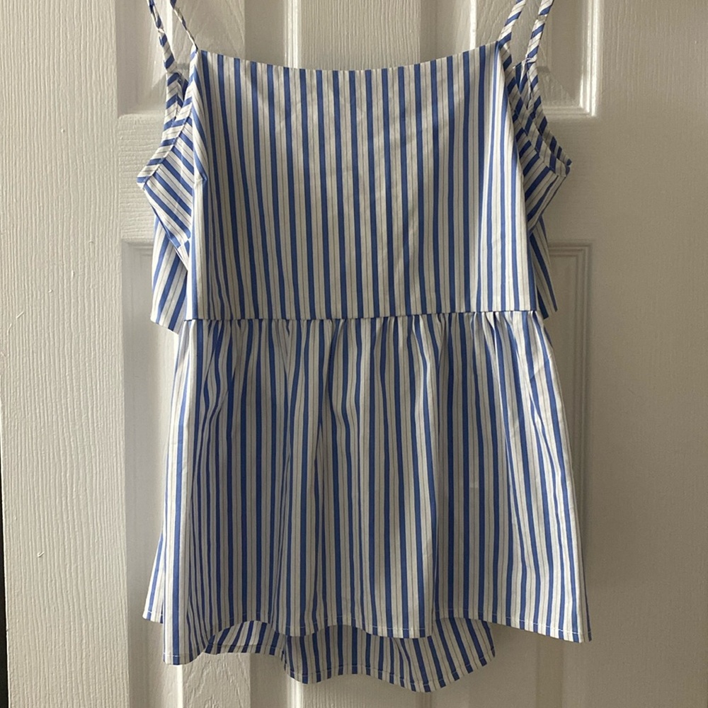 Striped blue and white open/tie back tank